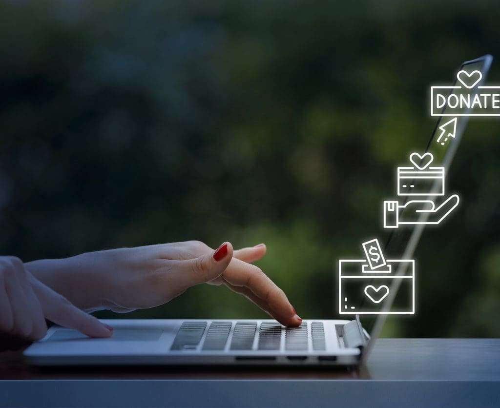 Woman using laptop with donate icons.