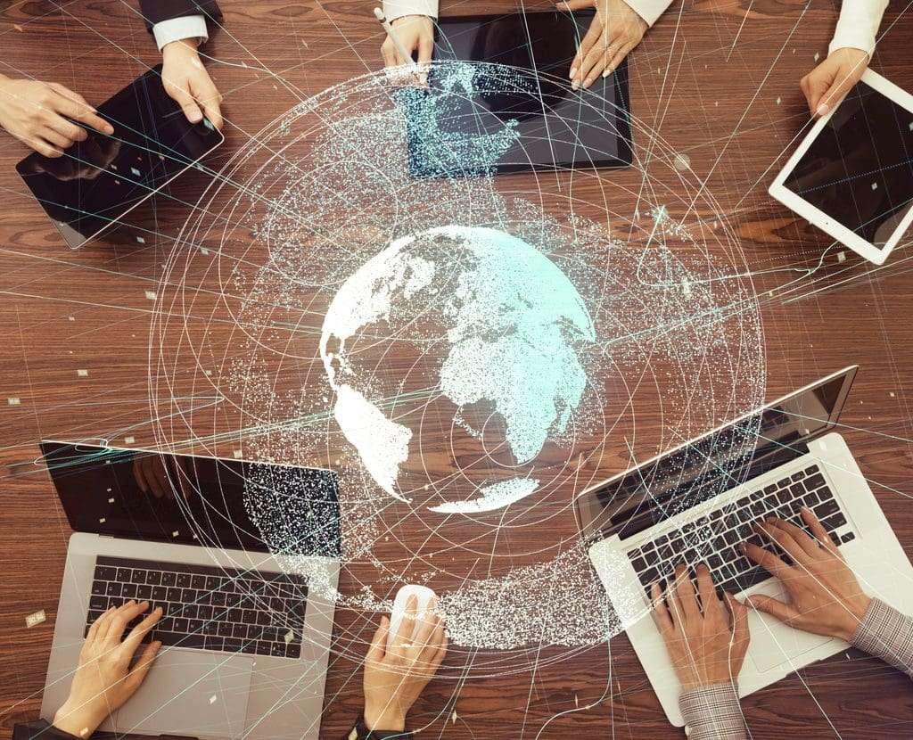 People holding digital devices with a global time zone concept.